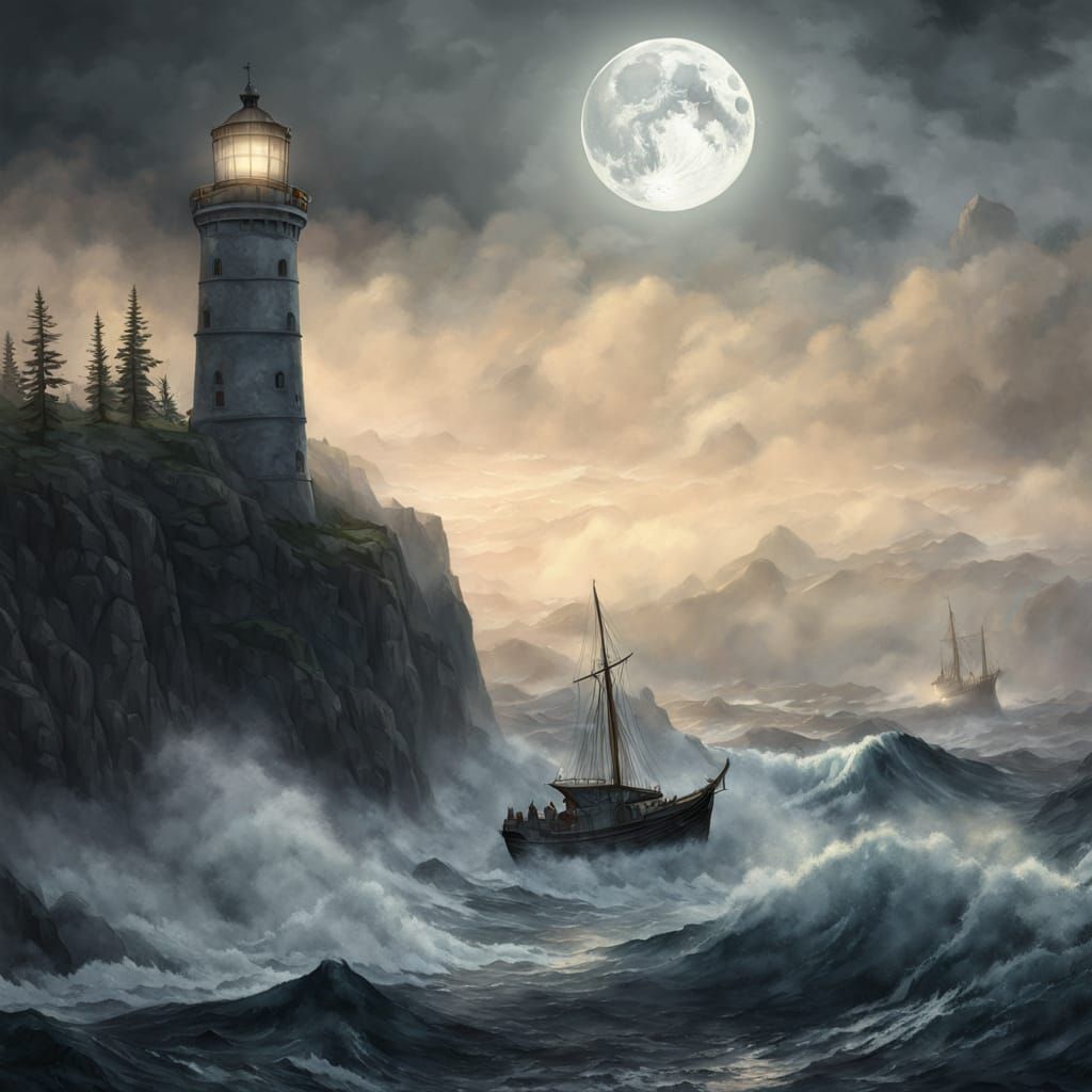 Lighthouse Keeper Watches Whale Breach in Moonlit Sea