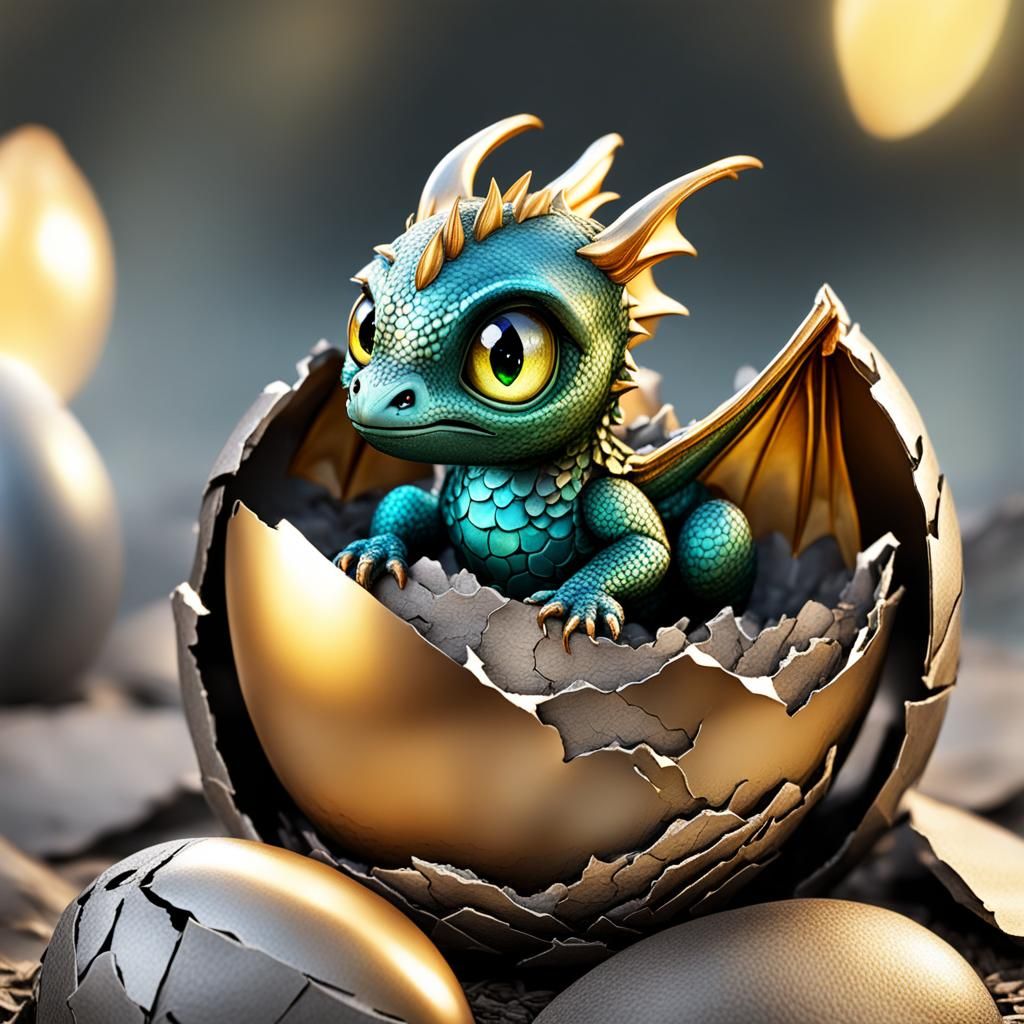 Tiny Dragon baby with big shiny eyes looking out of his broken egg