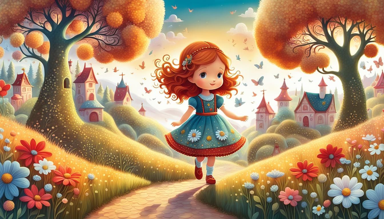 Happy Baby Girl in Whimsical Storybook Landscape
