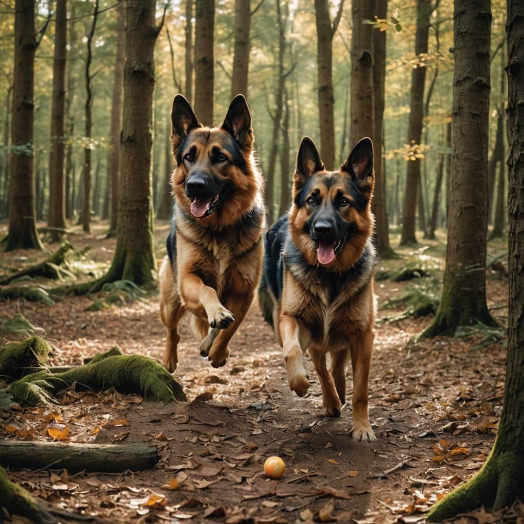 German Shepherd Playing in Forest: Realistic Wildlife Photo