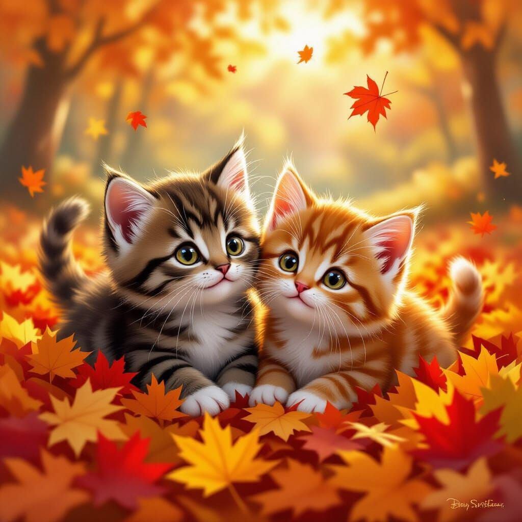 Adorable Kittens in Autumn Leaves, Disney Style