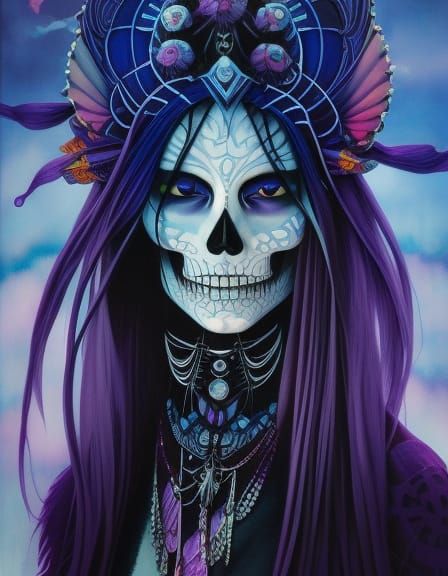 Indigo Anime Skeleton Shaman Liquid Ink Portrait
