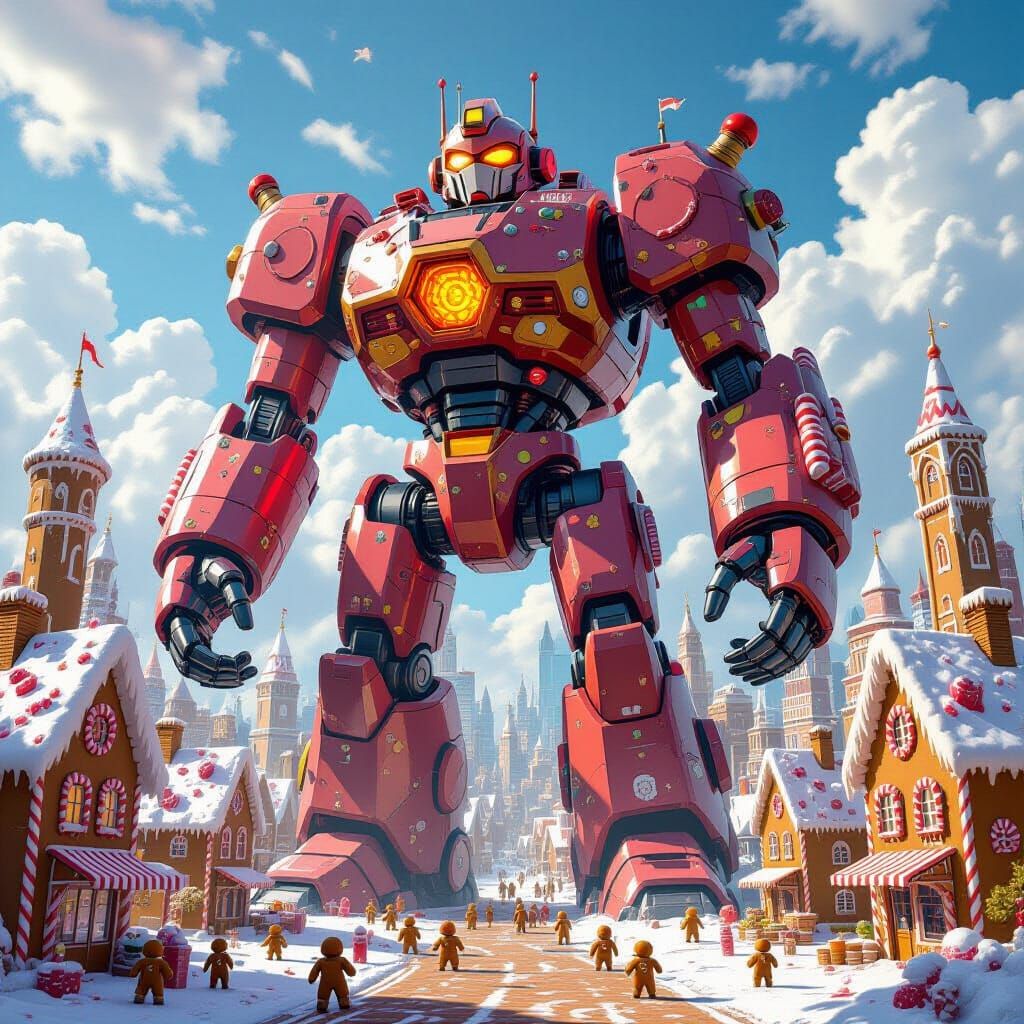 Colossal Candy Robot Over Gingerbread City, Matte Painting