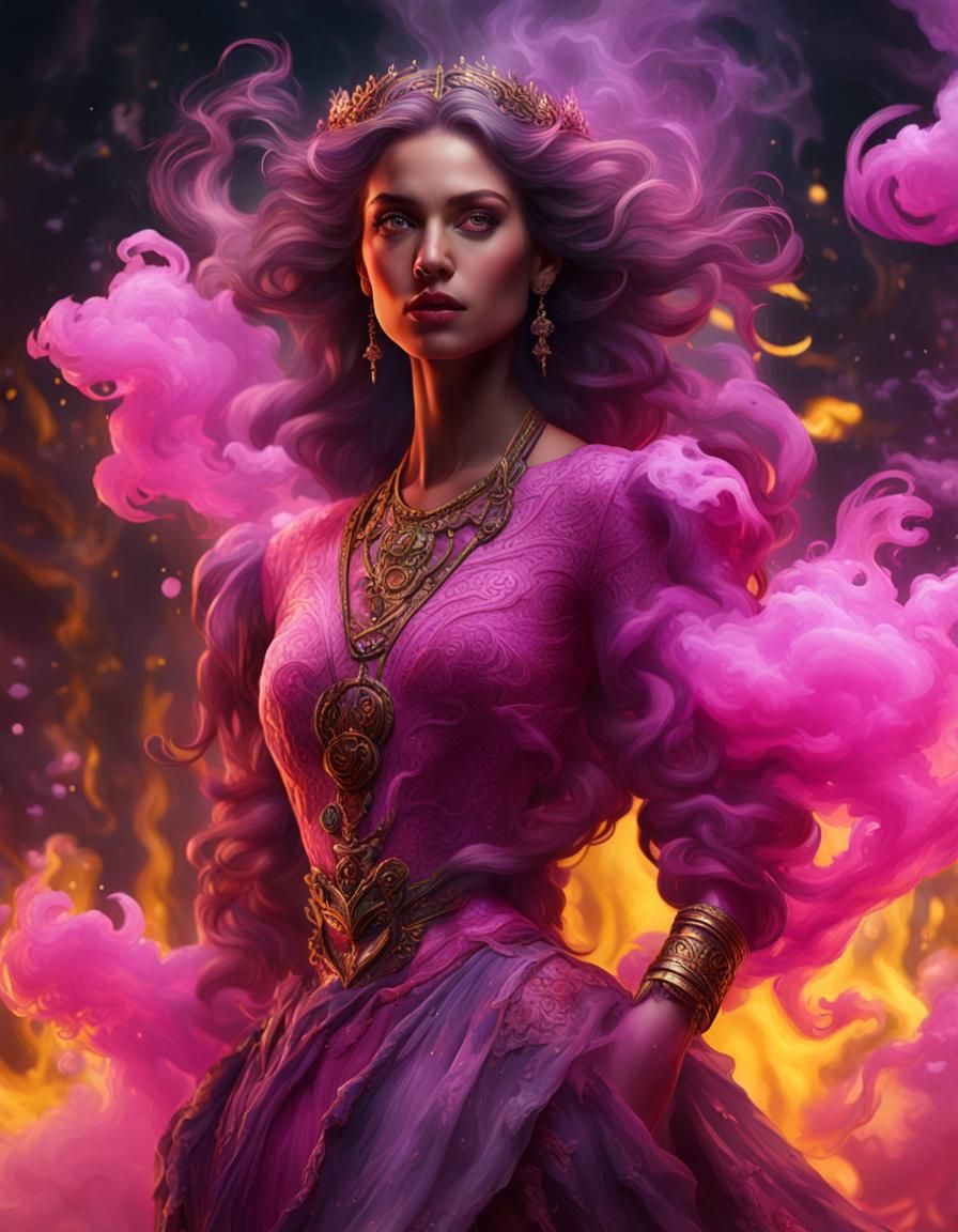 Fantasy Woman in Pink Smoke Dress, Detailed Art