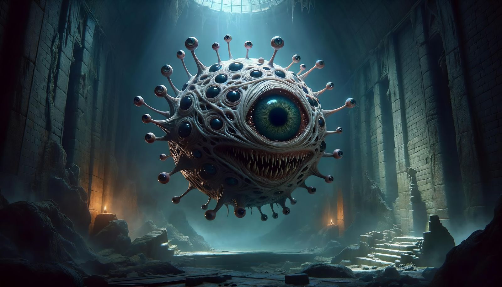 Menacing Beholder in Dark Fantasy Lair