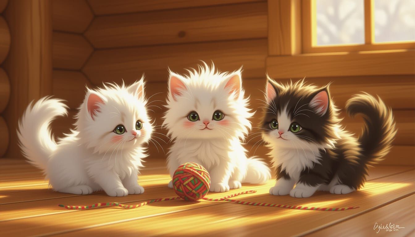 Playful Kittens with White Hairstyles in Cozy Cabin