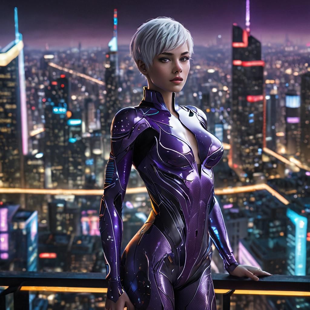 Futuristic Neon Cityscape with Confident Woman