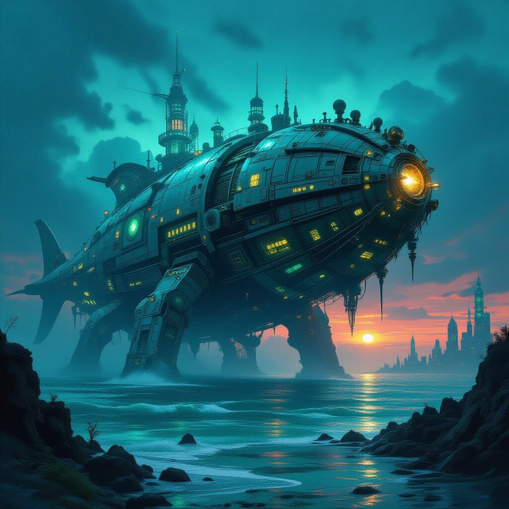 Clockwork Leviathan Emerges from Neon Toxic Ocean