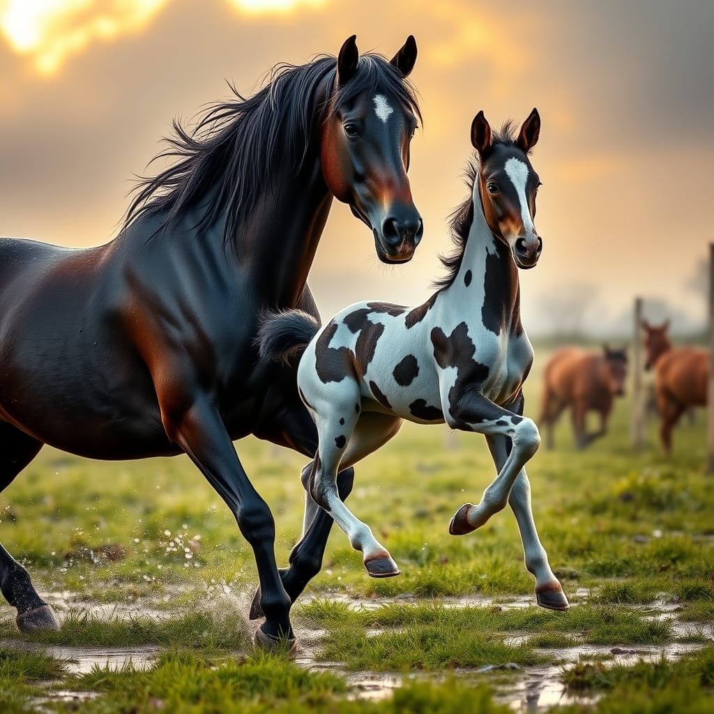 Mother and Foal Play in Rainy Meadow