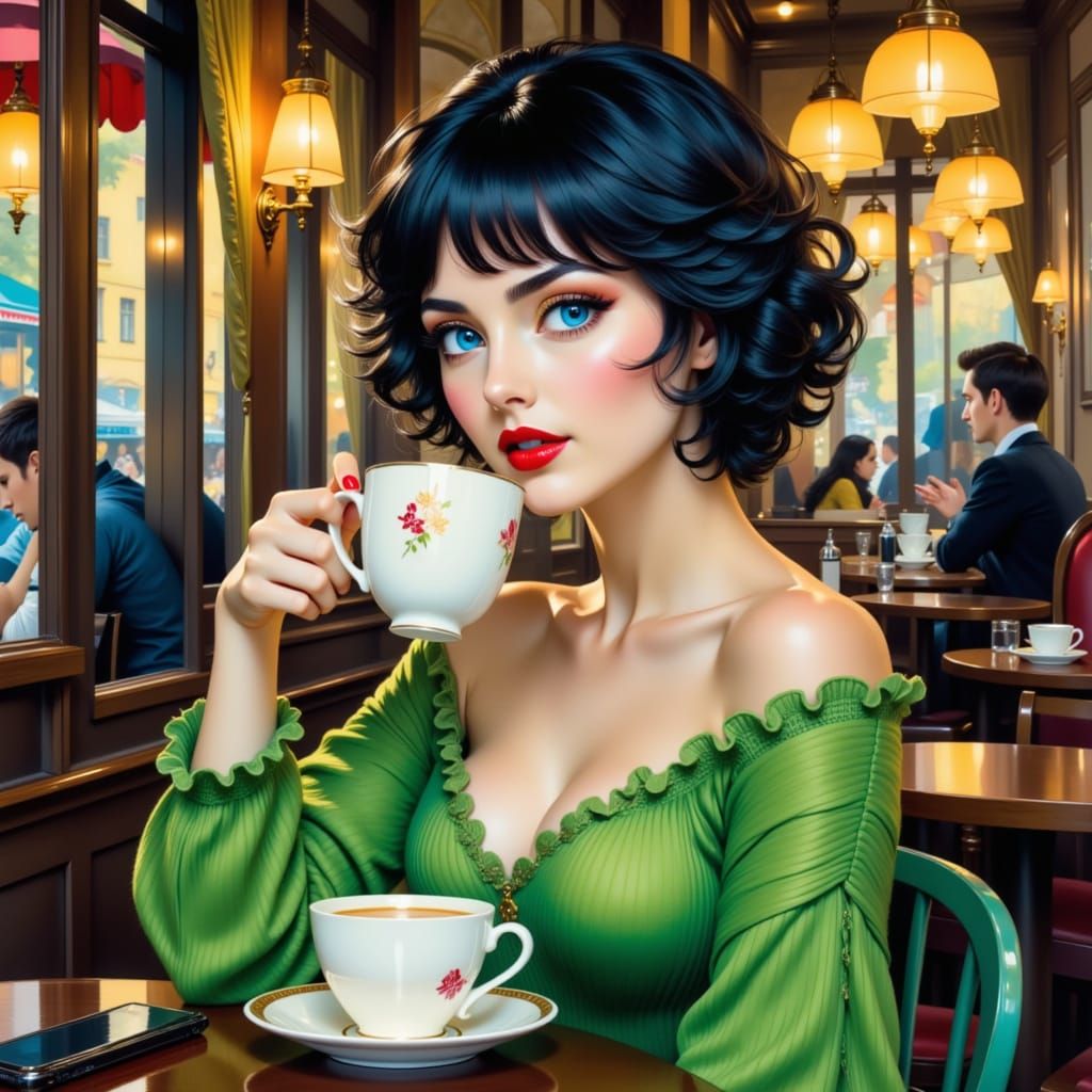 Baroque Art Nouveau Woman Sipping Tea in Restaurant
