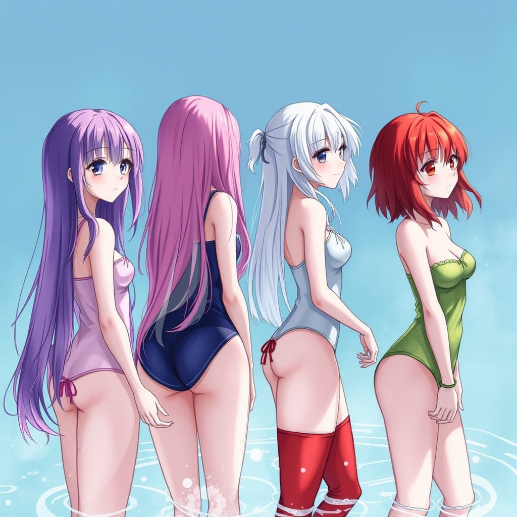 Anime Girls in Swimsuits with Vibrant Hair Colors