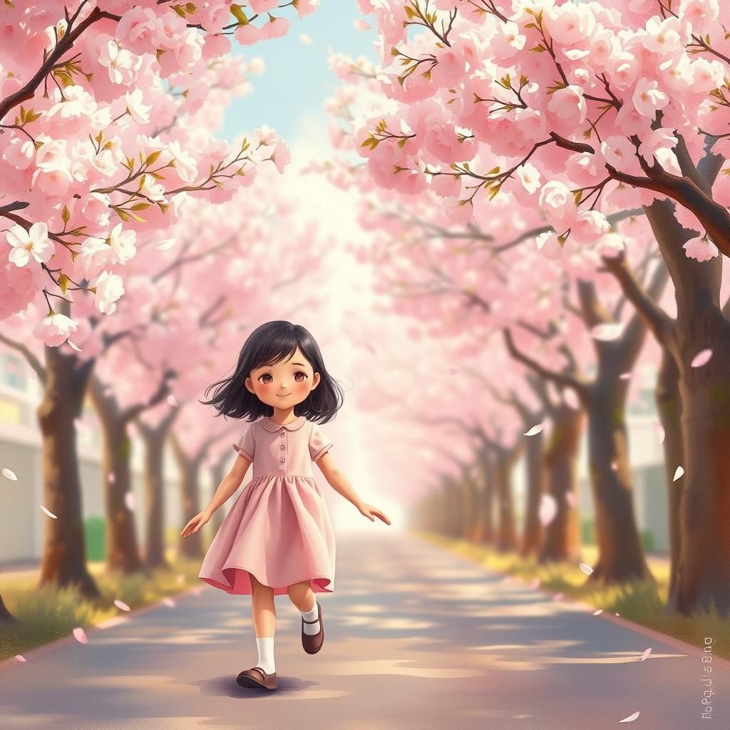 Girl Walks Under Cherry Blossoms, Watercolor Style