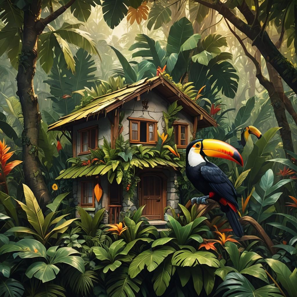 Toucan House in Lush Jungle: Hyper-Realistic Digital Art