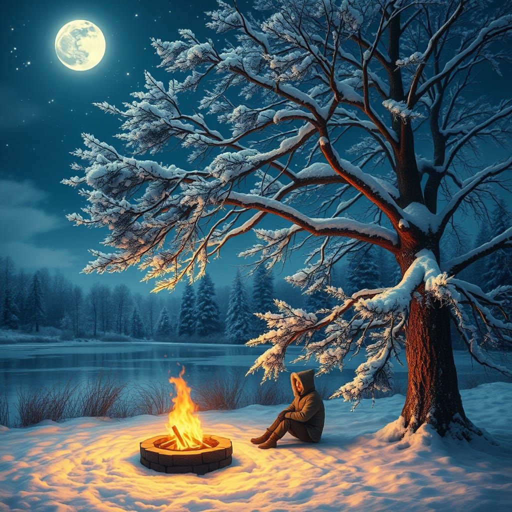 Winter Serenity under Full Moonlight