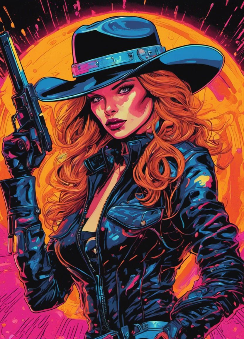 Futuristic Cyborg Cowgirl in Black Light Art