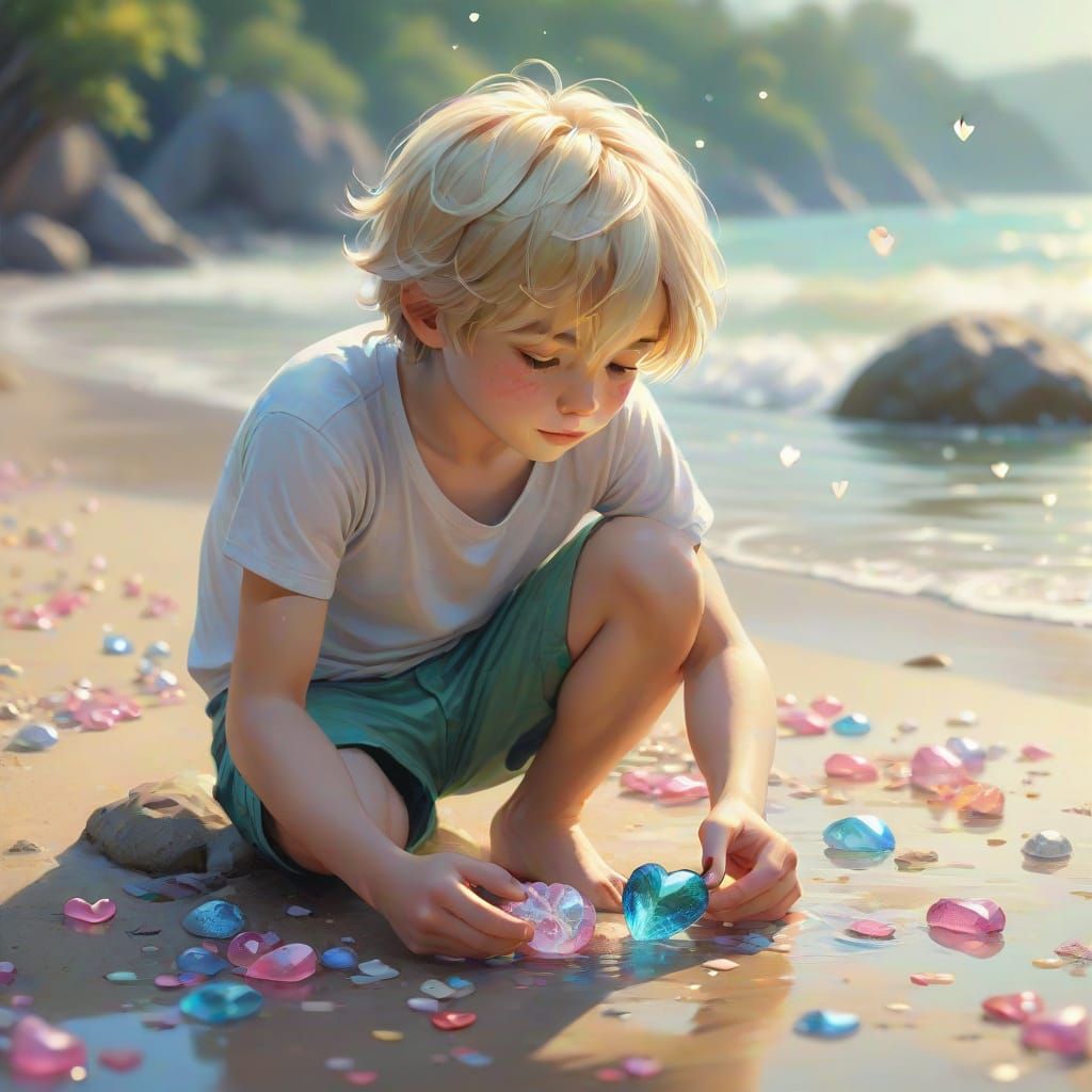 Whimsical Beach Scene with Crystal Hearts