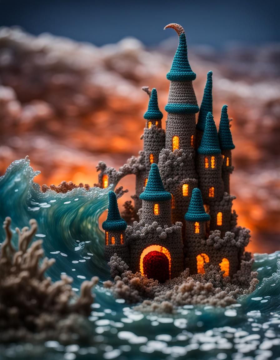 Miniature Crocheted Fantasy Castle in a Dreamscape
