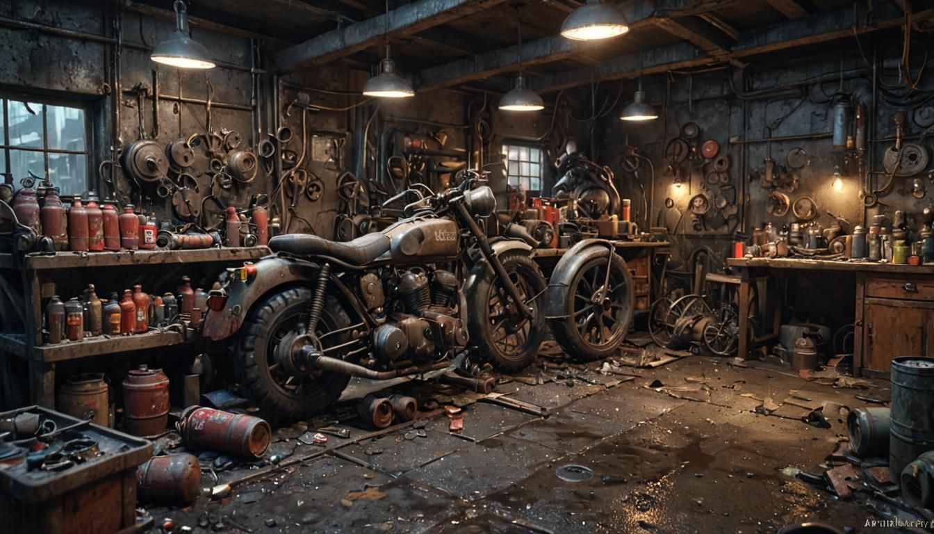 Grimdark 1940s Motorcycle Workshop in Ruined Wasteland