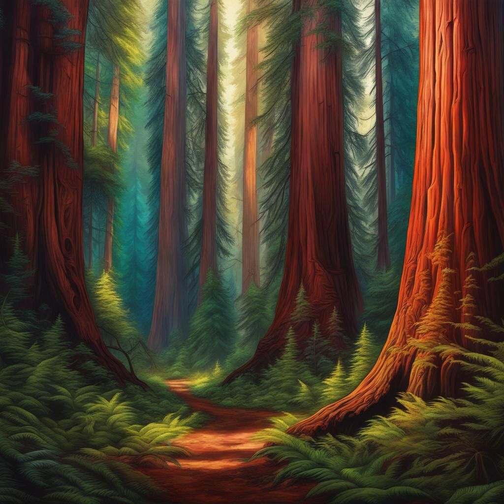 Vibrant Redwood Forest Airbrush Art