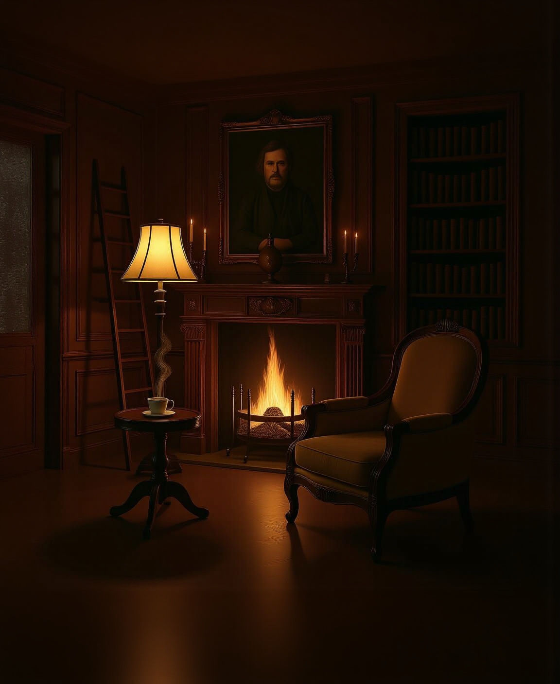 Cozy Regency Library Scene with Fireplace and Tea