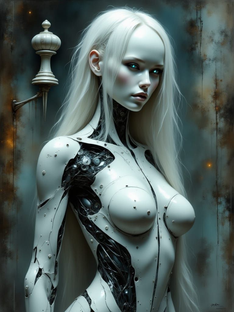 Japanese Cyborg Pinup in Cyberpunk City