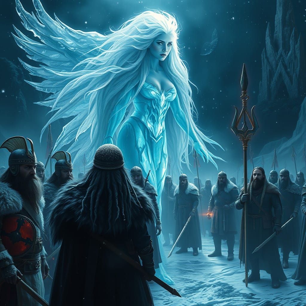 Enchanting Ice Woman in Valhalla's Ethereal Darkness