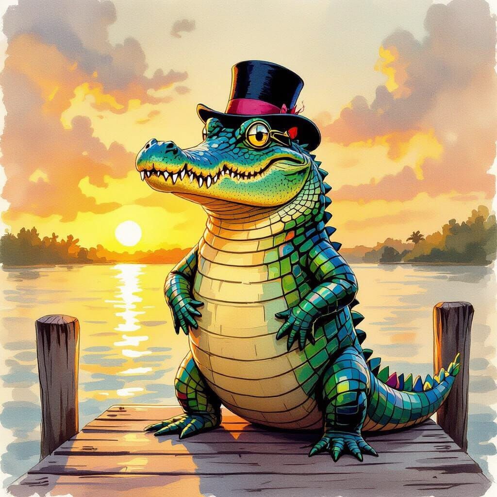 Flamboyant Crocodile in Tiny Hat at Tropical Sunset