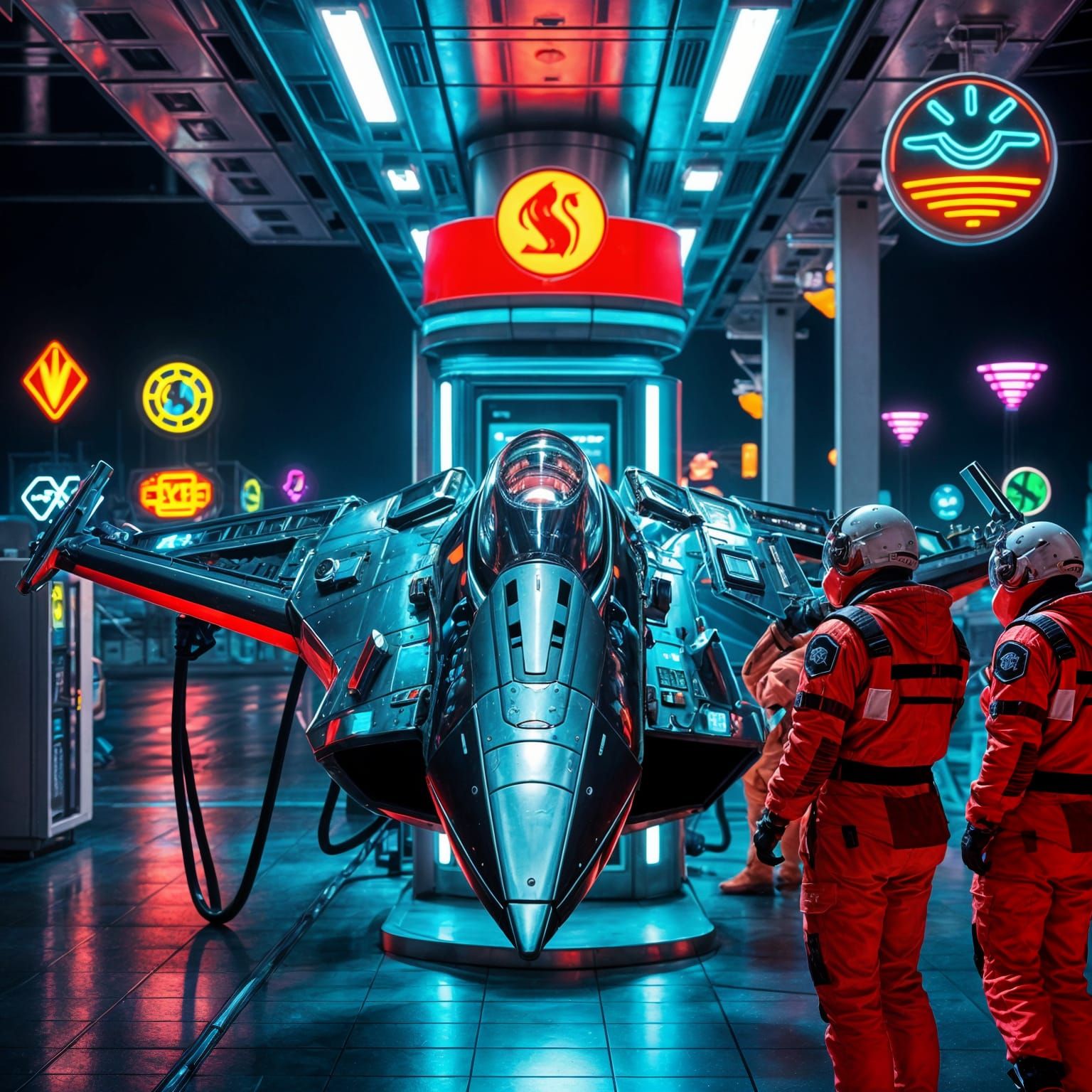 Spacefighter Refuels at a Sci-Fi Gas Station