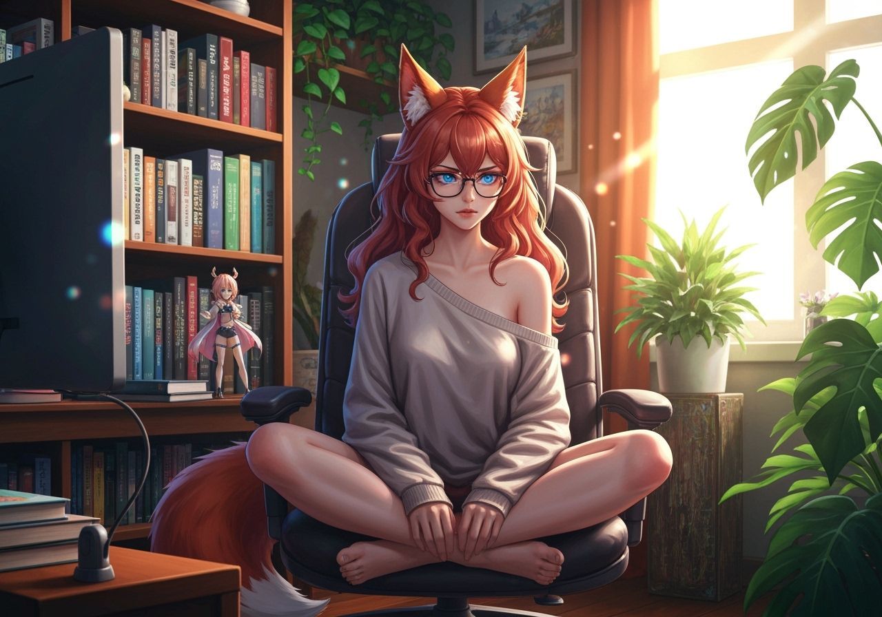 Fox-Eared Woman at Computer in Anime Style