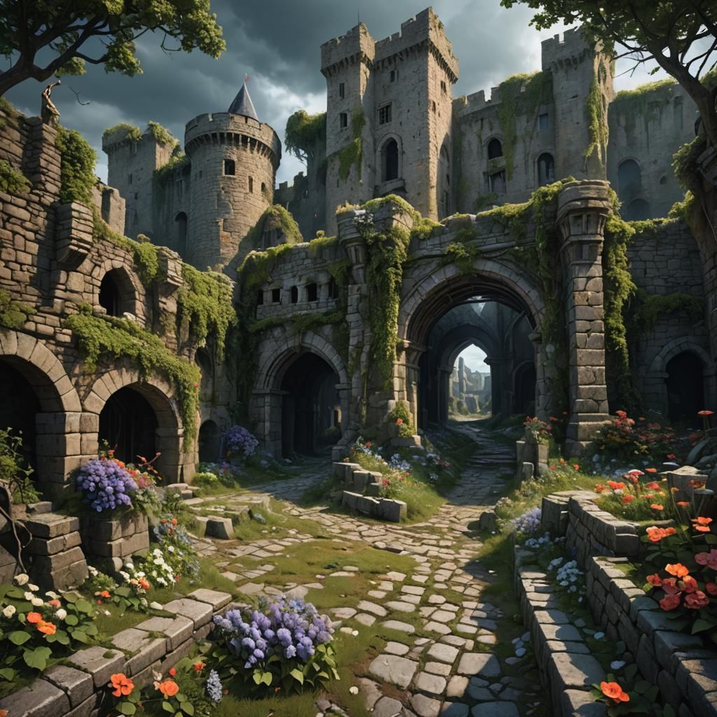 Ancient Castle Ruins Reclaimed by Nature in Dark Fantasy Sty...