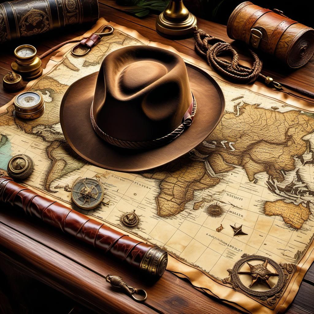 Detailed Treasure Map with Fedora and Whip