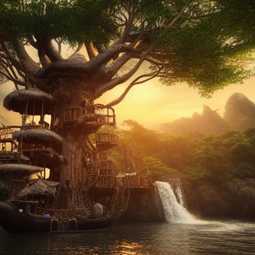 Pirate Ship Treehouse with Waterfall Sunset in 8K
