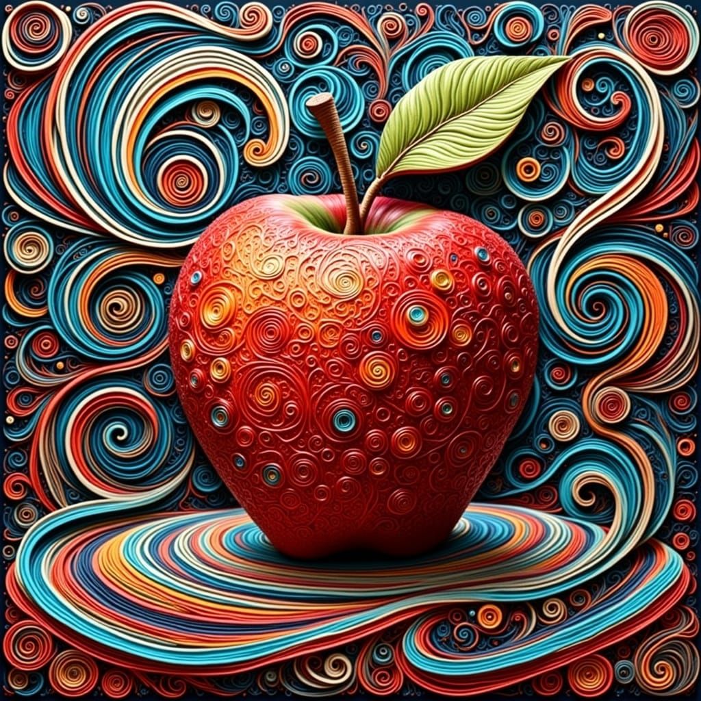 Zentangled Apple with Retro Shapes and Swirls
