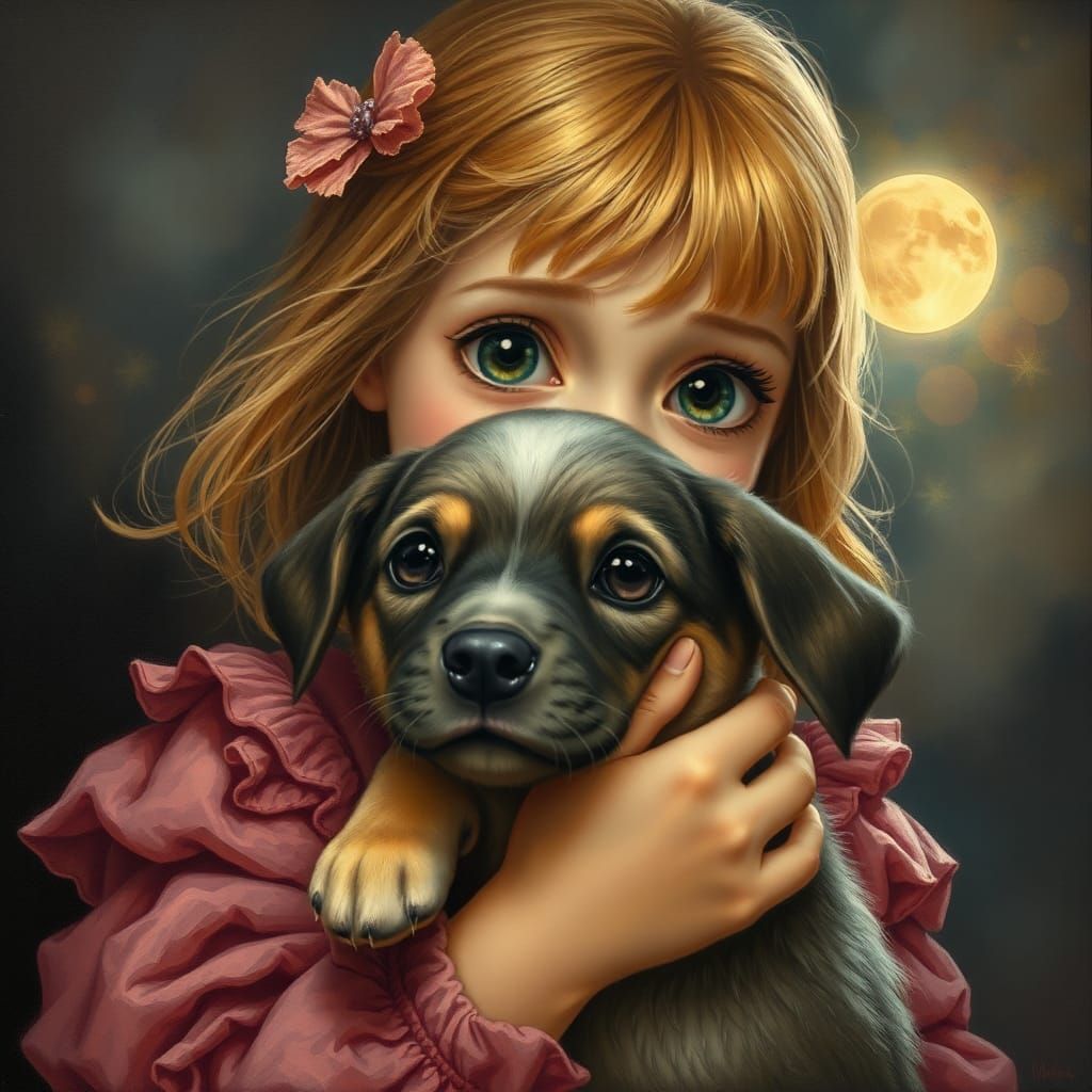 Ethereal Sad Girl with Puppy Painting