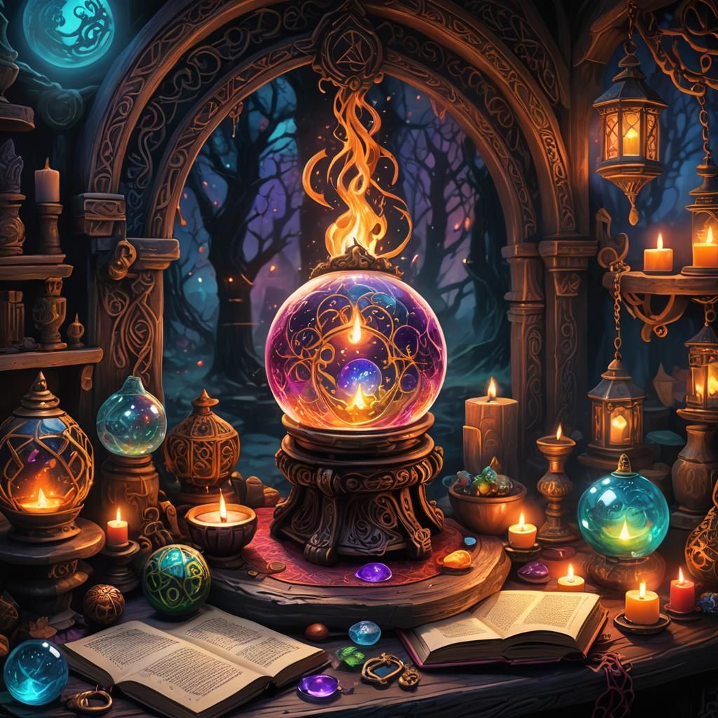 Mystical Witch Altar with Crystal Ball and Cauldron