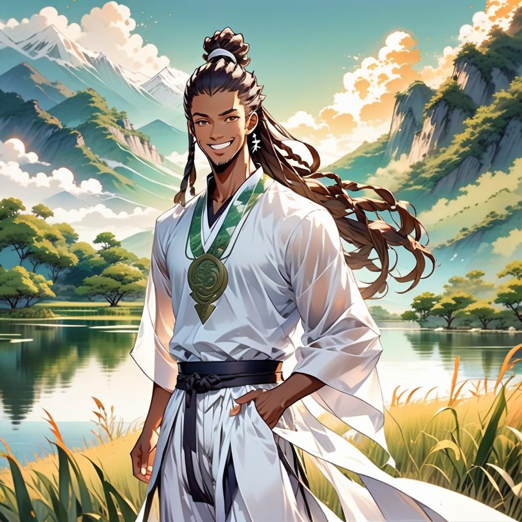 Anime Boy in Field with Mountains