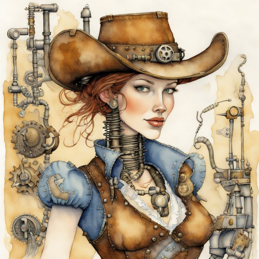 Steampunk Cowgirl with Exoskeleton in Watercolor Style