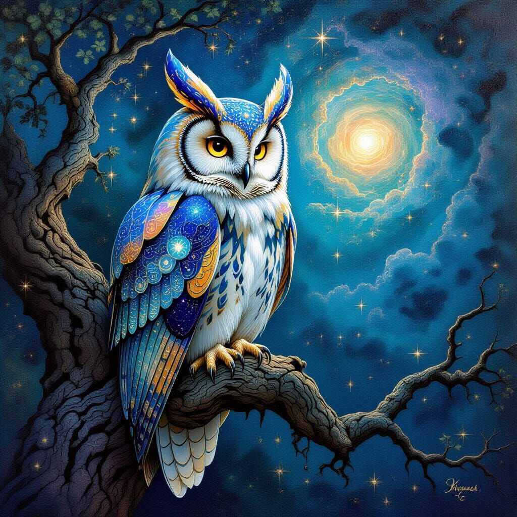 Celestial Owl Perched on Ancient Branch