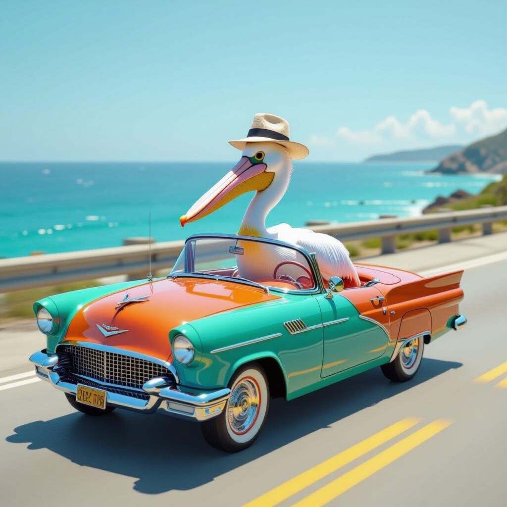 Pelican Drives Fish Car on Sunny Coastal Road