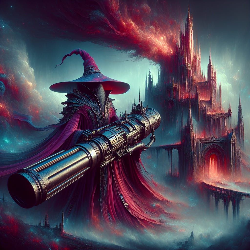 Wizard with Bazooka Aimed at Crumbling Castle