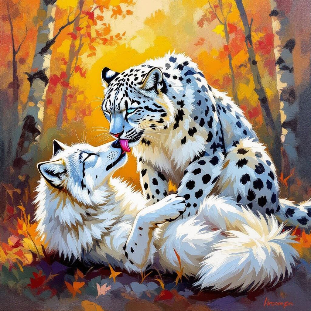 White Wolf Affectionately Licks Snow Leopard in Forest