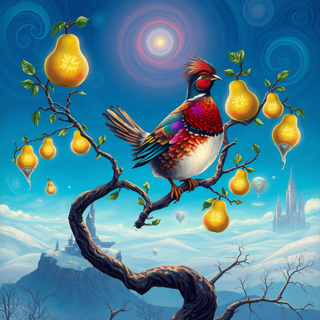 Iridescent Partridge in Gravity-Defying Pear Tree