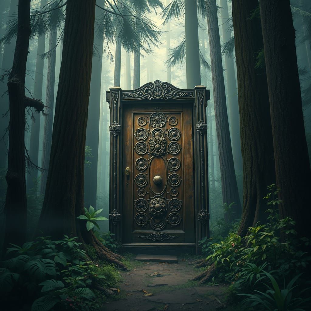 Misty Forest Door with Intricate Carvings