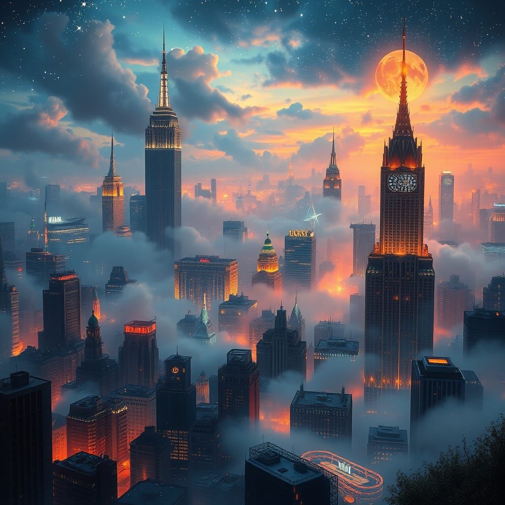 Ethereal City Awakens Under Starry Sky