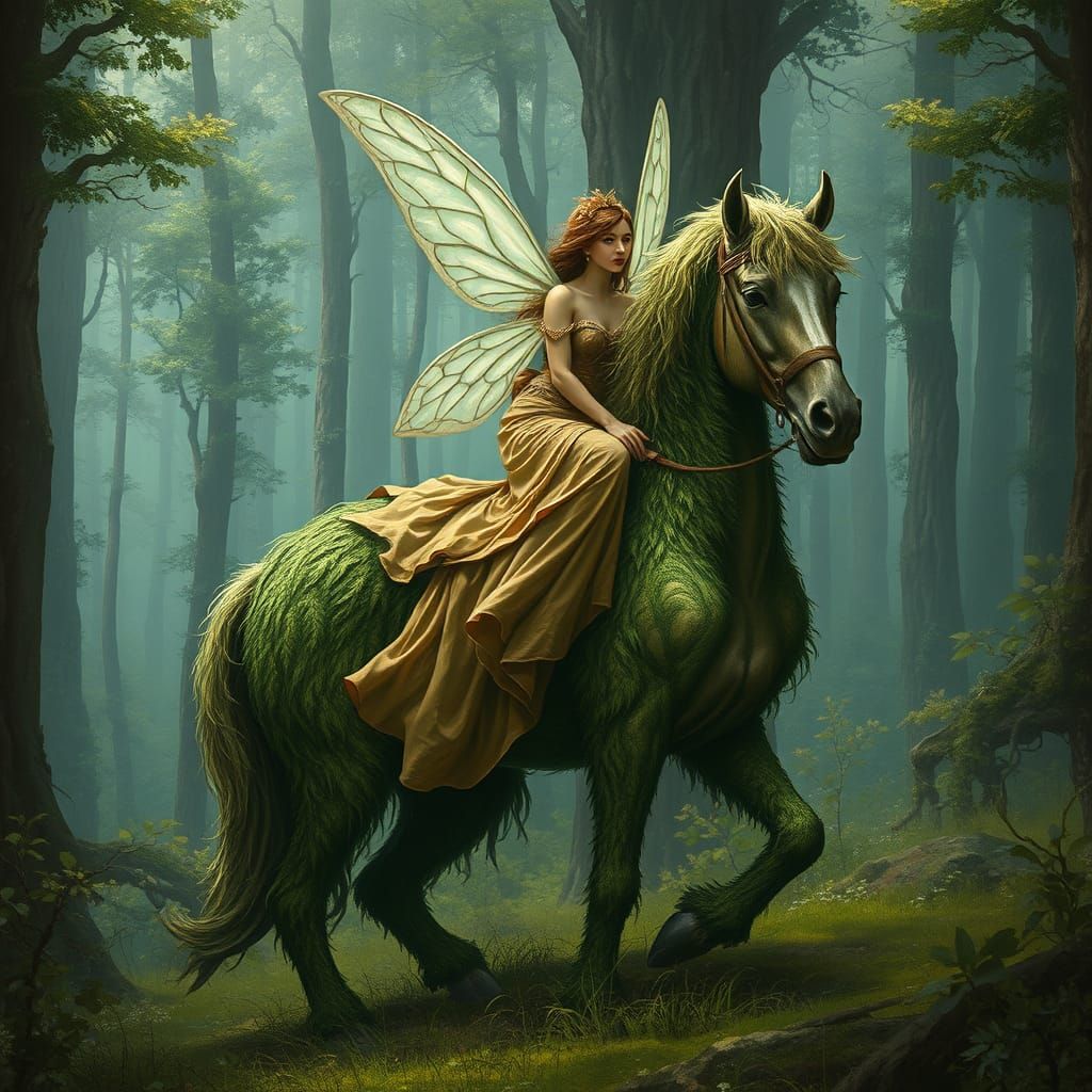Whimsical Forest Goddess Rides a Majestic Earth Horse