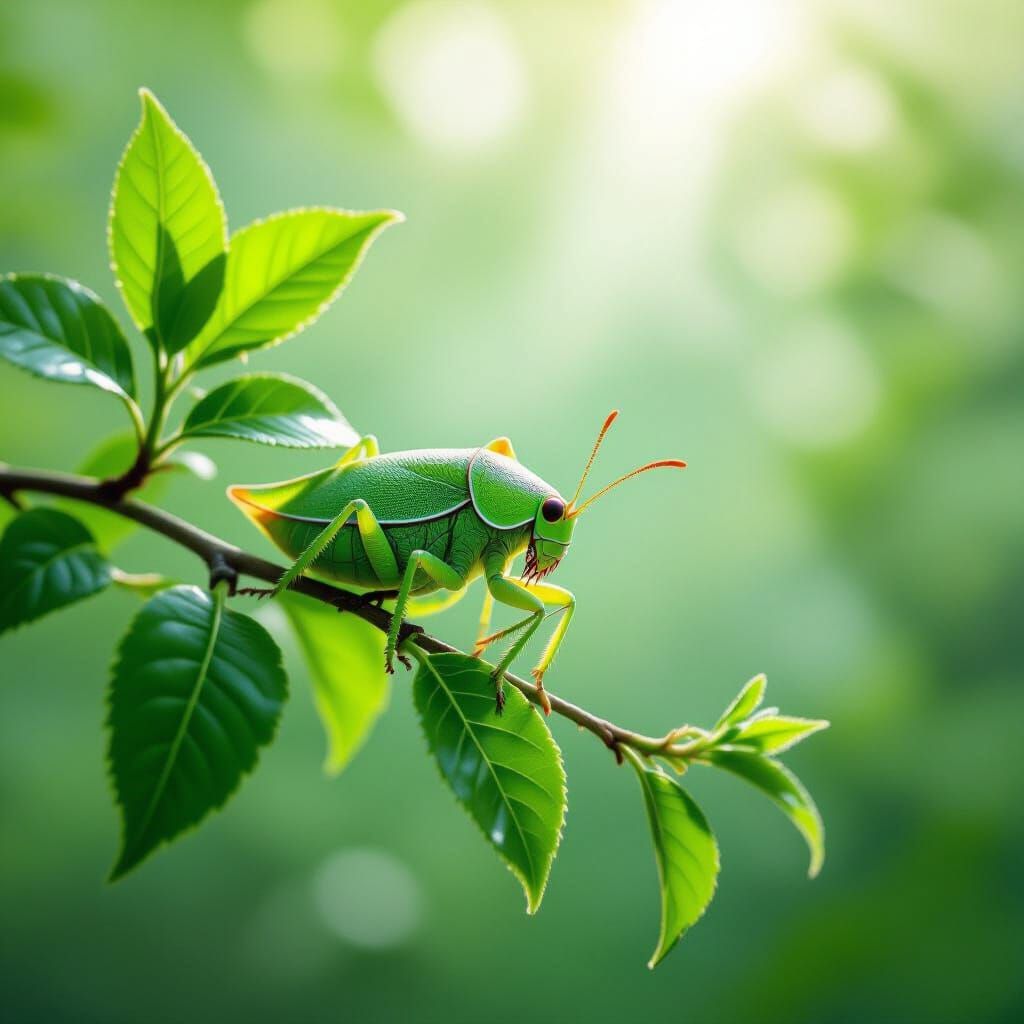 Leaf Insect Camouflaged on Branch in Ethereal Light