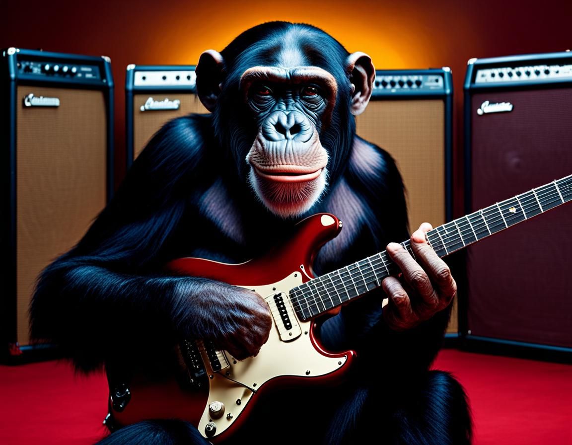 Chimpanzee Guitarist Portrait with Bokeh