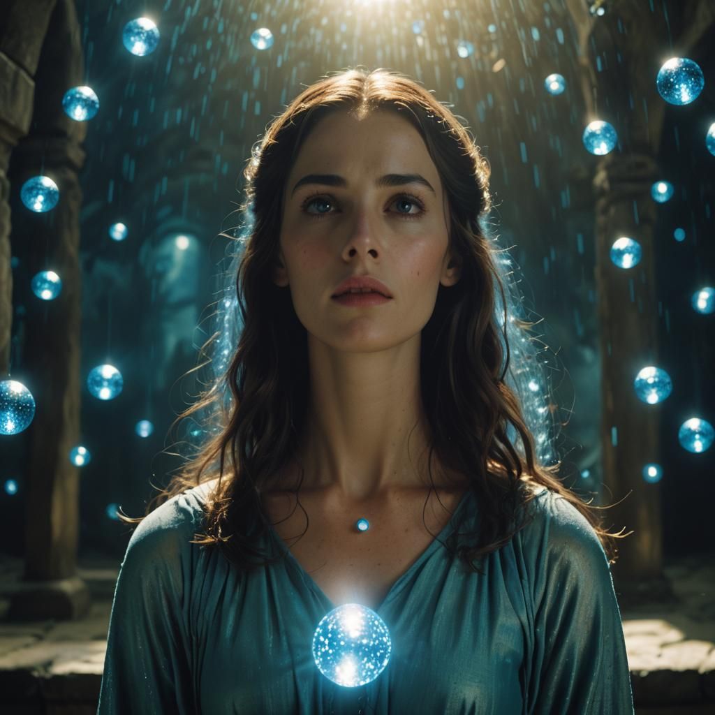 Mary Magdalene with Blue Orb in Cinematic Light
