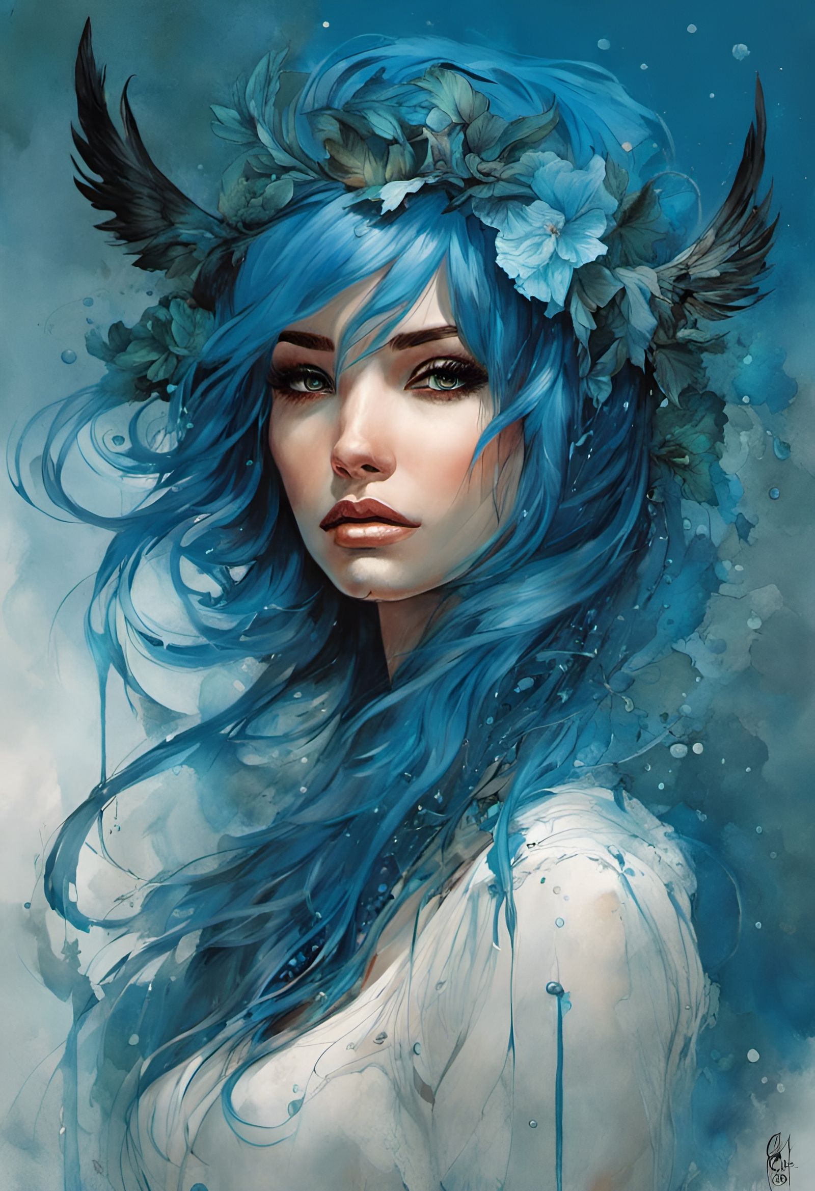 Blue-Haired Woman in Liquid Fantasy Art Style