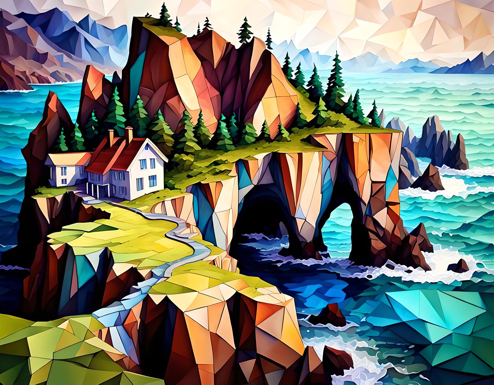 A beautiful low poly fantastical ocean cliffs vista scene, u...